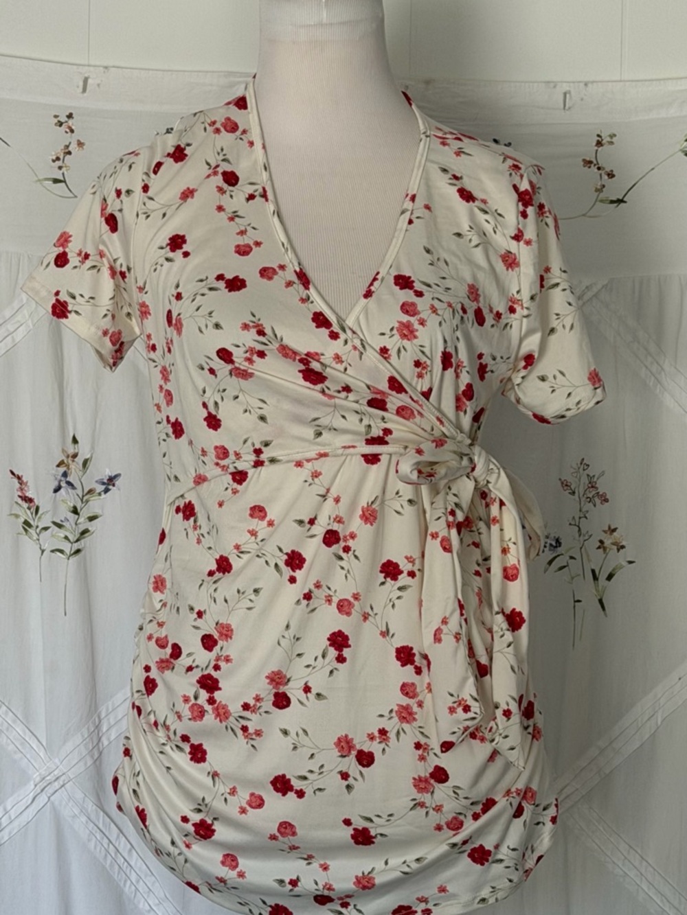 Hello MIZ Cream Top with Pink Floral Print